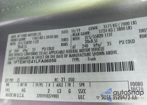 2020 Ford F-150 Lariat z USA, uszkodzony, nr VIN 1FTEW1E41LFA06056